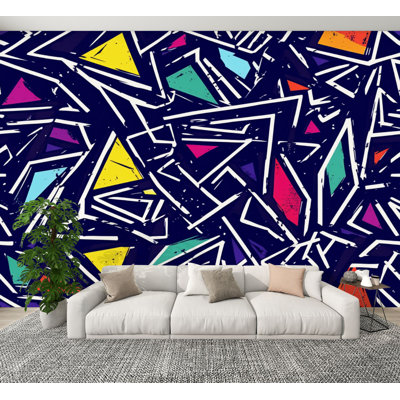 Papier peint adhésif à motif géométrique abstrait triangles géométriques audacieux lignes colorées H 100 po x l 144 po amovible en PVC adhésif mural pour chambre à coucher, salon, chambre des garçons