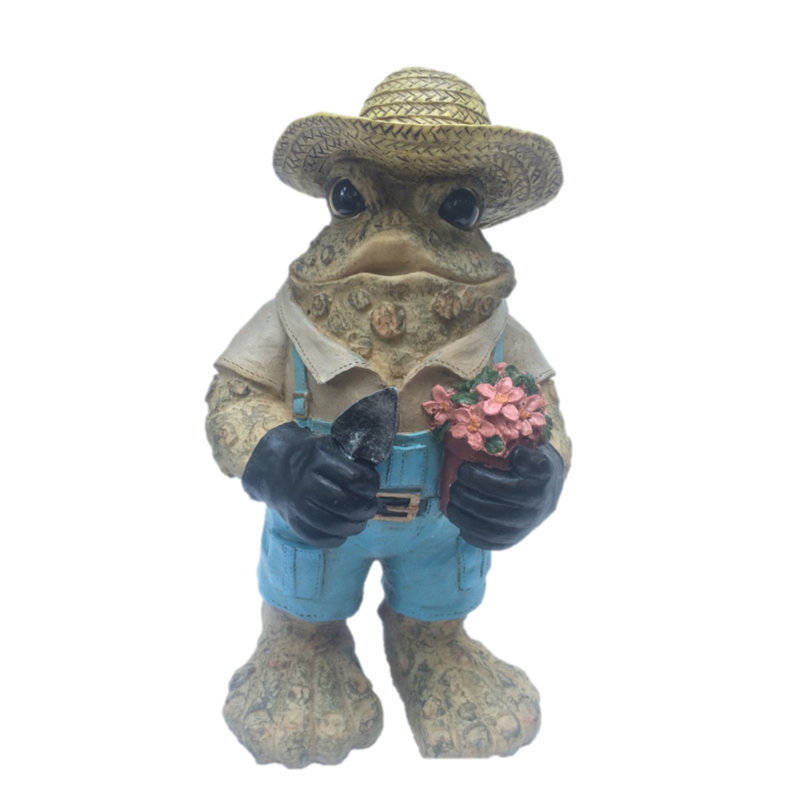 Statue de jardin jardinier personnage crapaud, Brun