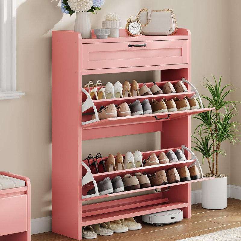 Range-chaussures avec 2 tiroirs rabattables et tiroir supérieur, Rose, 3