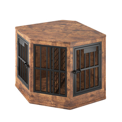Corner Dog Crate Furniture Side Table, Large Wooden Indoor Kennel for Big Dogs