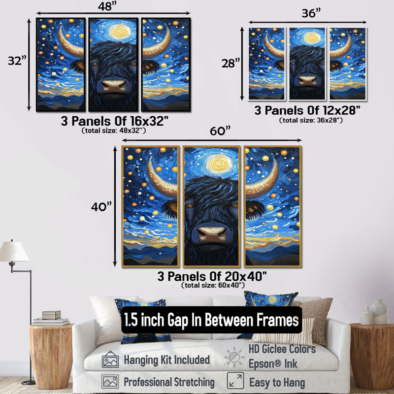 Adalee - ensemble d'art mural Yaks, H 28 po x l 36 po, Reproduction avec cadre flottant, Noir