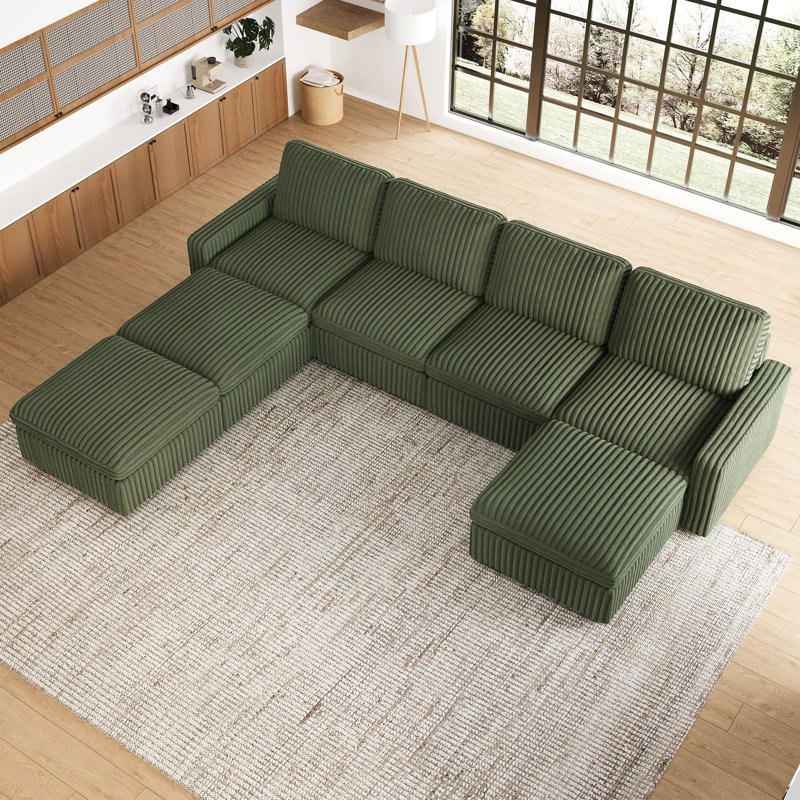 Large canapé de rangement en forme de U avec méridienne et canapé modulaire, Velours côtelé vert