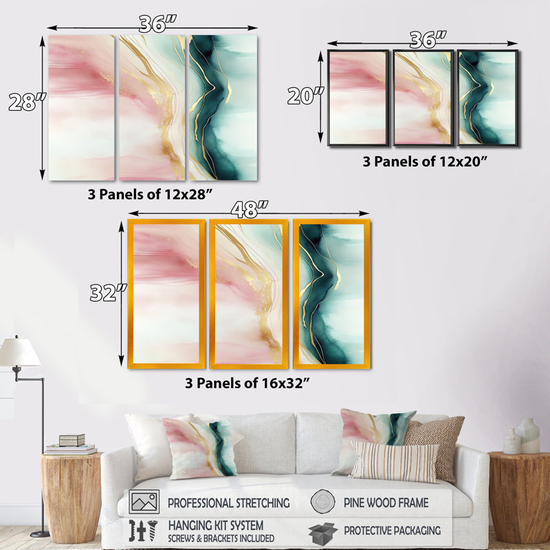 Géode abstraite rose et vert marbre II - ensemble d'art mural sur toile abstraite en marbre, H 28 po x l 36 po x P 1 po