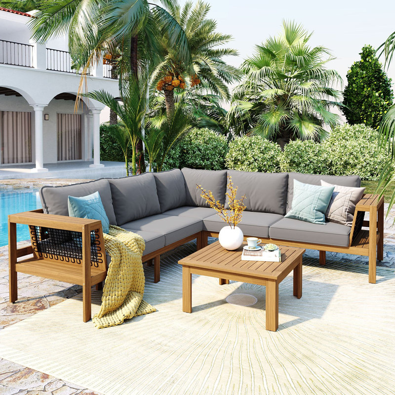 4-Piece Outdoor Acacia Wood Sofa Set Conversation Set, Natural, Gray