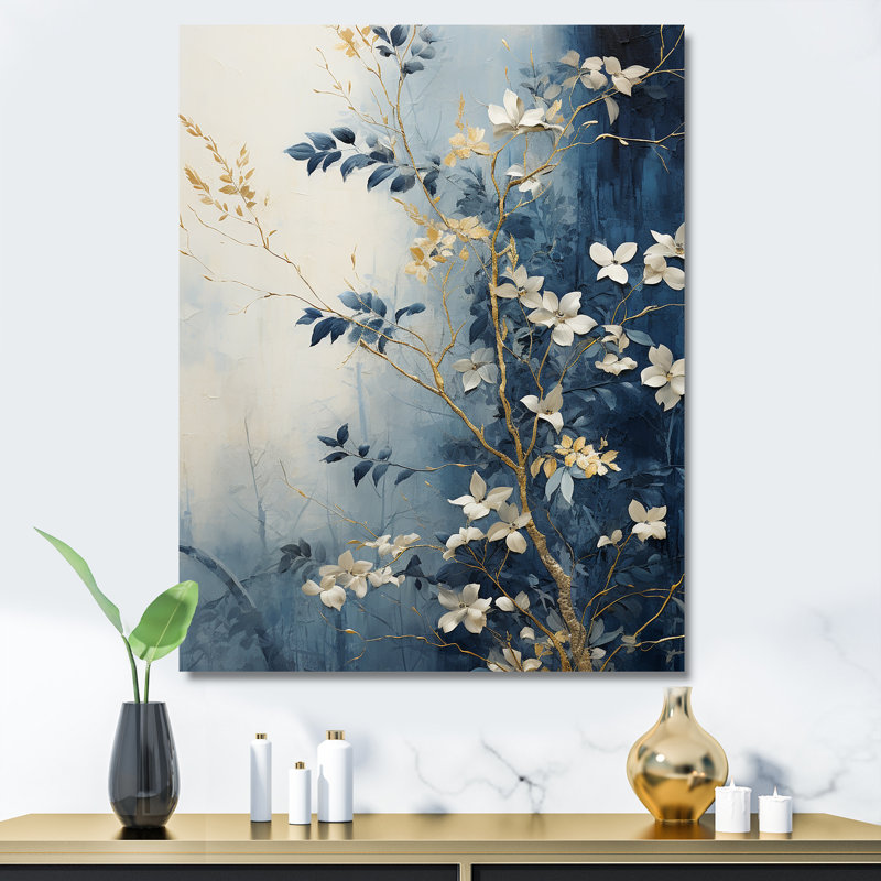 «Abstract Gold and Blue Botanical», reproduction sur toile, H 20 po x l 12 po x P 1 po, Toile tendue