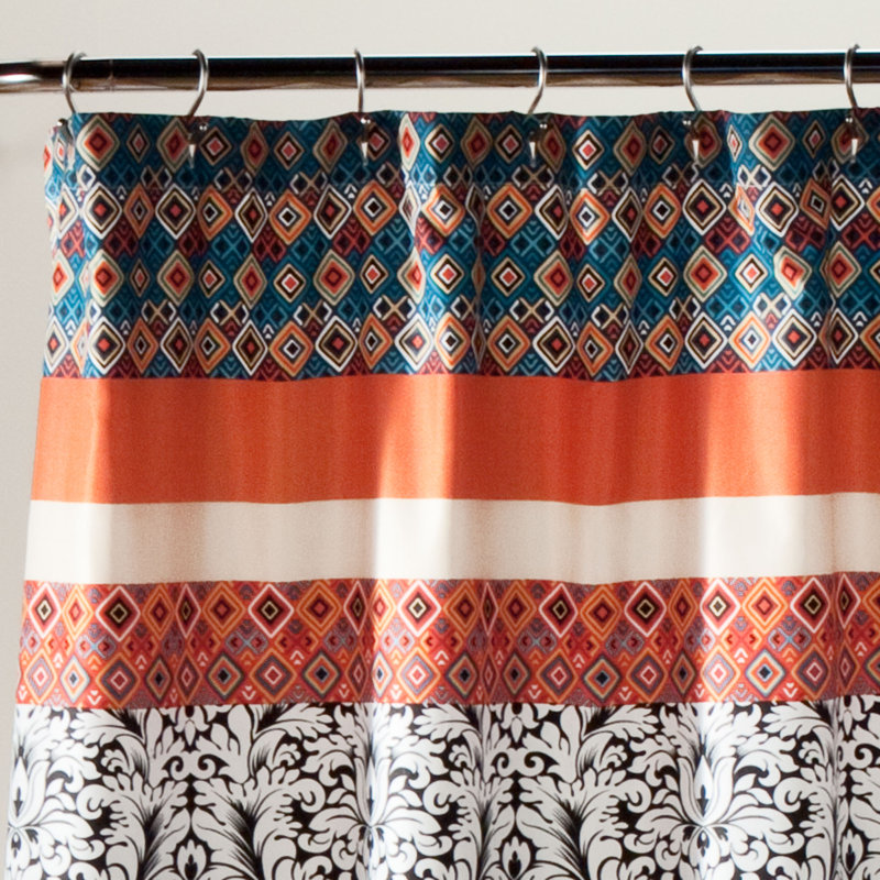 Boho Stripe Turquoise and Tangerine Fabric Shower Curtain