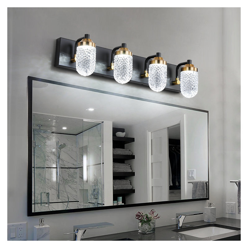 Luminaire de salle de bain moderne 4 lumières noir avec abat-jour en verre texturé - Éclairage de salle de bain DEL