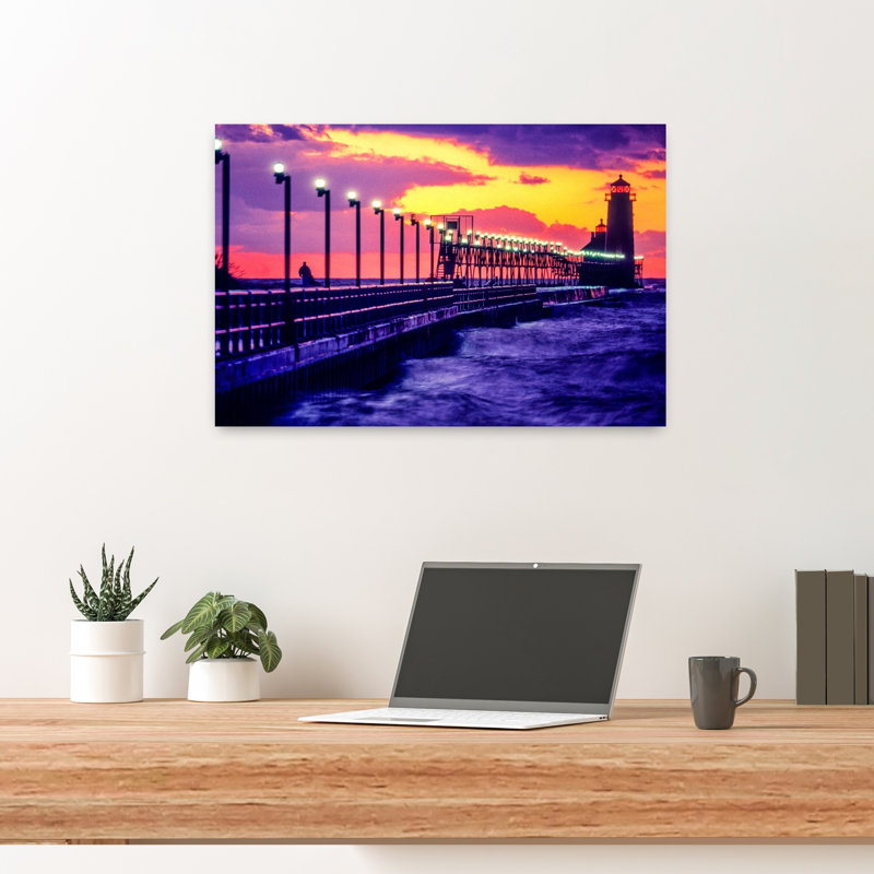 Lighthouse at sunset in Grand Haven Michigan USA 1 Piece Wrapped Canvas Wall Art, 40.64cm H x 60.96cm W