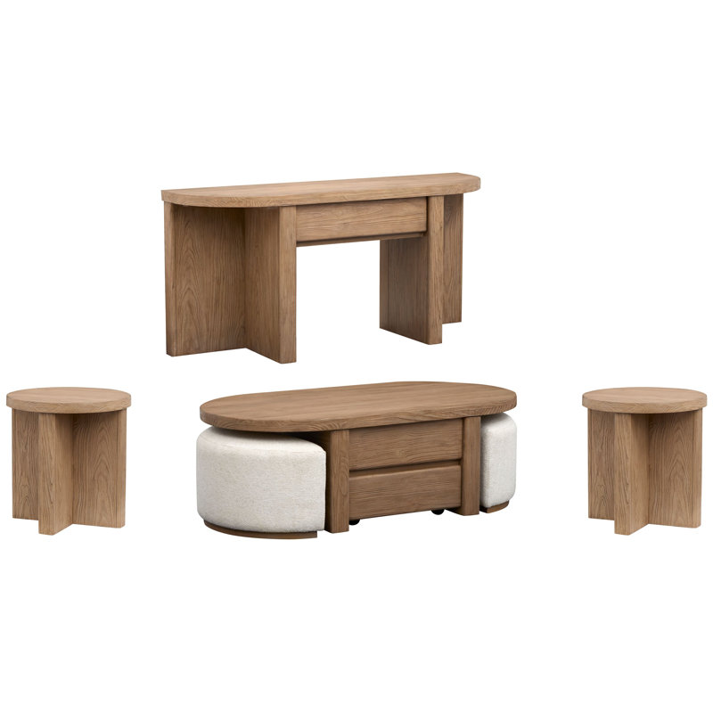Table basse avec rangement relevable et 2 tabourets rembourrés avec 2 tables de bout et canapé demi-lune