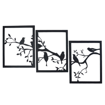 Ensemble de 3 décorations murales en métal oiseau noir sur branche 17,19 po