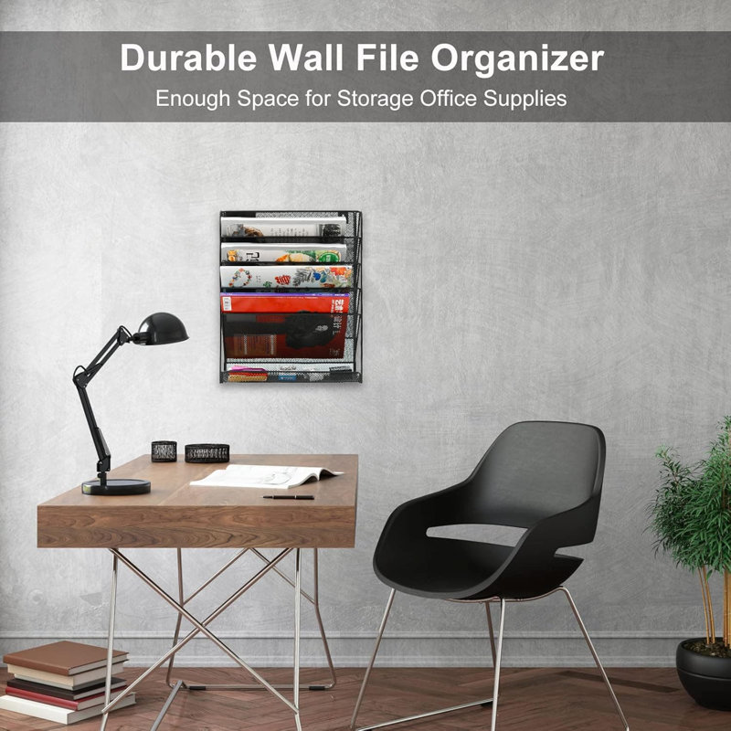 Black Wall File Organizer: 5-Tier Vertical Hanging Rack with Bottom Flat Tray for Office/Home