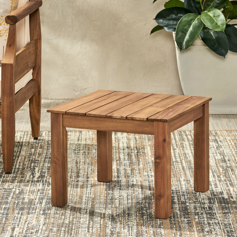 Table de bout en bois brun avec motif à lattes, l 19,25 po x P 19,25 po, H 14,95 po, côté requis pour l'assemblage dans un style minimaliste simple, brun