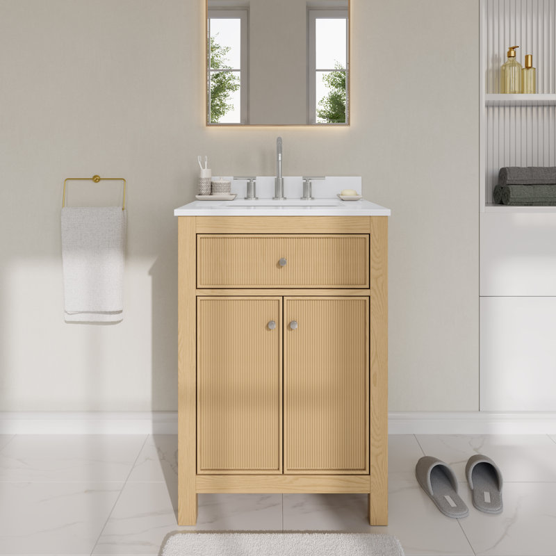 Pendry Freestanding Single Bathroom Vanity with Quartz Top, Brushed Nickel, White Quartz, 24"