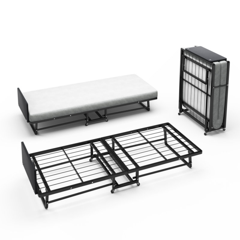 MetalFoldingBedFrameWithFoamMattressOfPockets EasyStorageAndMovableWith4Castors
