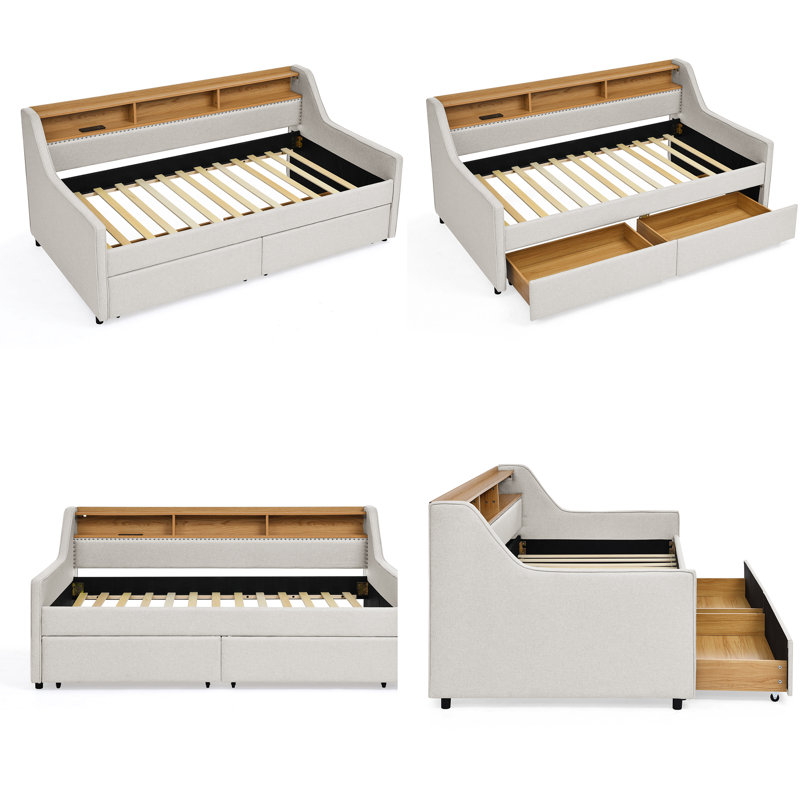  Canapé-lit 80,5 po en lin simple avec rangement - chargement sans fil, tête de lit à DEL et réglable