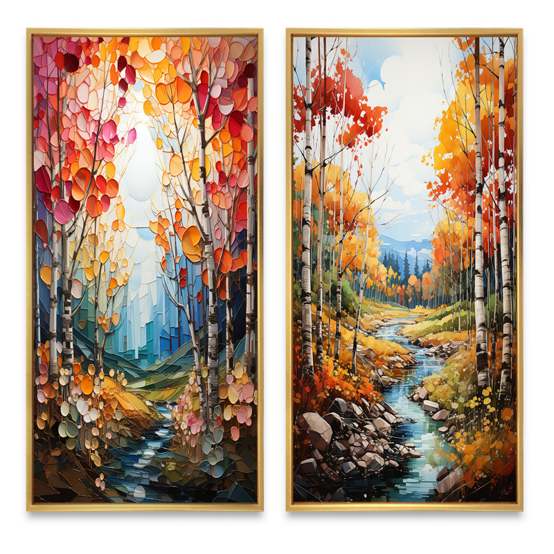 «Birch Woods Autumn Harmony», 2 pièces sur toile, H 32 po x l 32 po, Encadrement doré