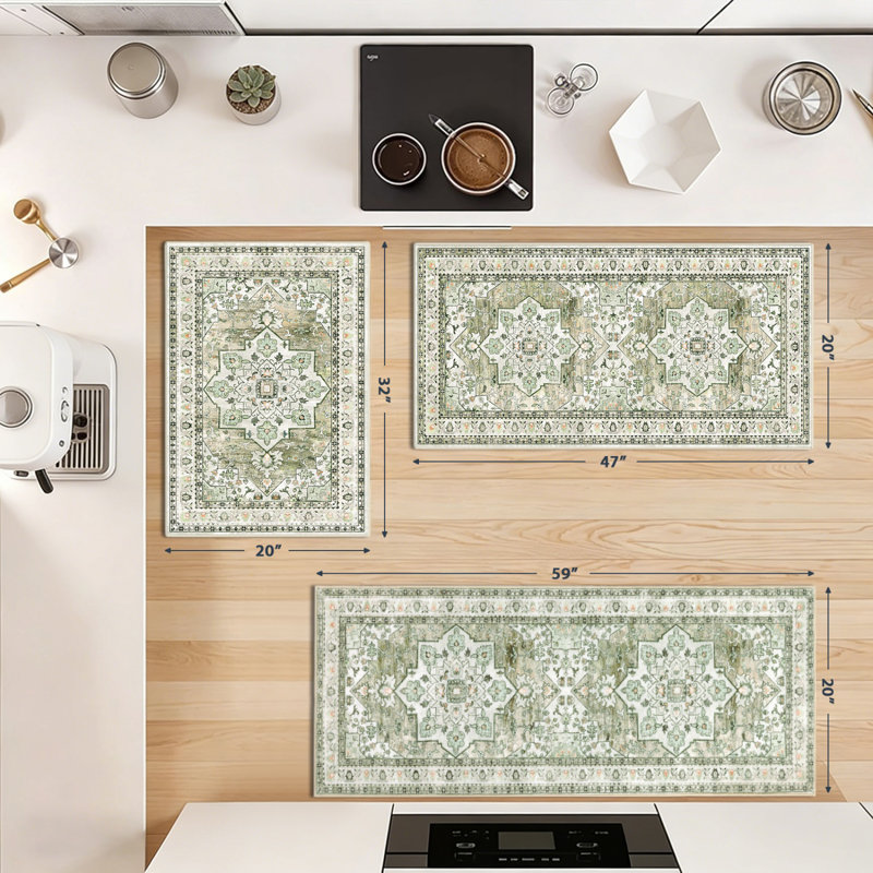 Washable Non Slip Kitchen Rug Kitchen Mat (Set of 3), Green