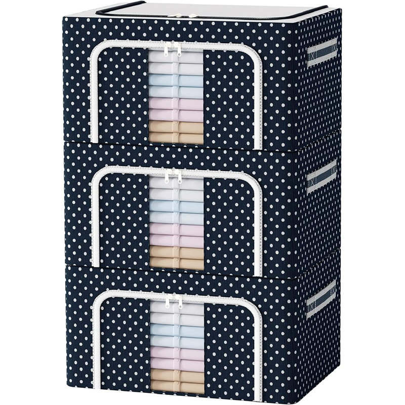 Ensemble de boîtes de rangement en tissu, Pois bleu marine, H 13 po x l 19,7 po x P 15,8 po