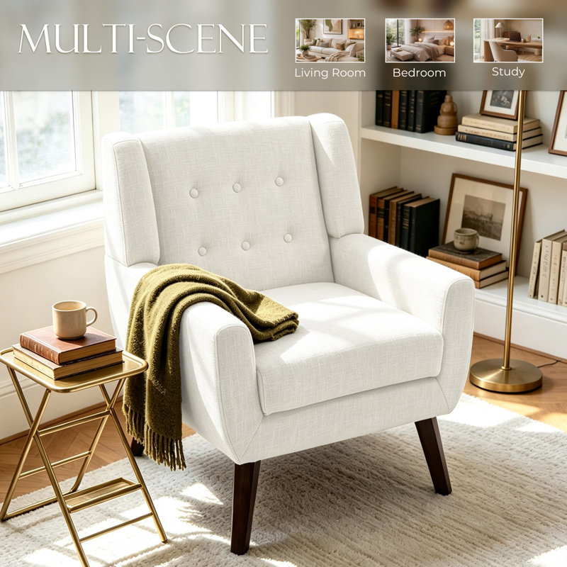Jaqueze Upholstered Beige Linen Blend Tufted Wide Back Armchair with Solid Wood Legs, Beige Performance Linen Blend