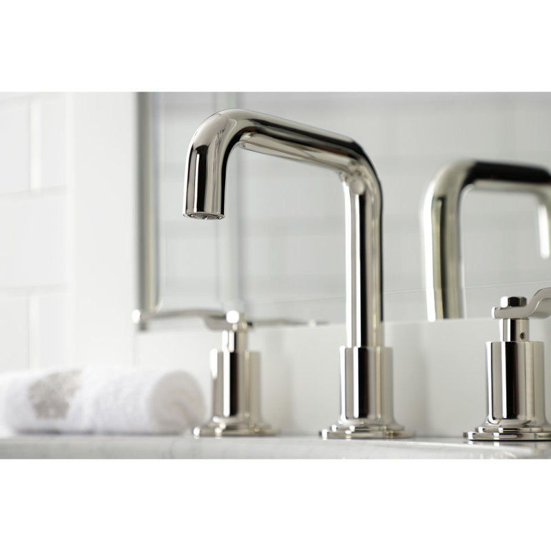 Kingston Brass Whitaker Two-Handle 3-Hole Deck Mount Widespread Bathroom Faucet with Push Pop-Up Drain, Polished Nickel