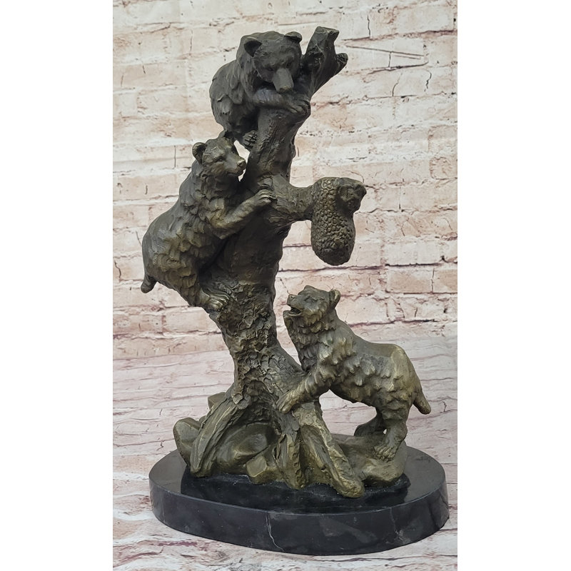 Famille d'ours à la recherche de miel, sculpture en bronze, sculpture et base en marbre