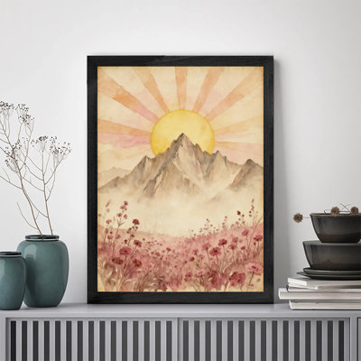 Reproduction d'art encadrée noire, soleil, paysage de montagne coucher de soleil