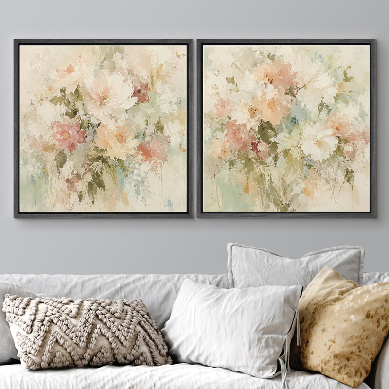 Ensemble de 2 impressions sur bois pastel avec fleurs de jardin rosé pêche et crème, H 16 po x l 16 po x P 1,5 po, Cadre noir