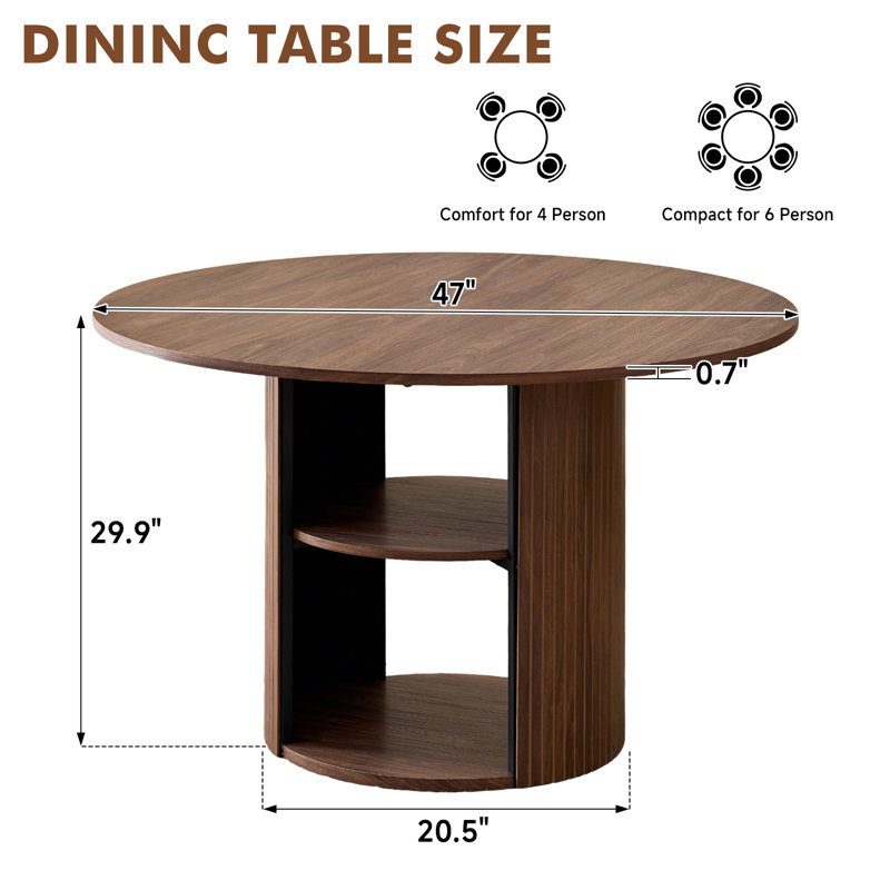 47" Round Dining Table For 4, Circle Kitchen Table With Shelf Storage For Dining Living Room, Home, Apartment, Brown, Brown