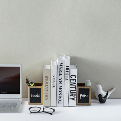 Acacia Pencil Holder Bookends with Chalkboard Labels