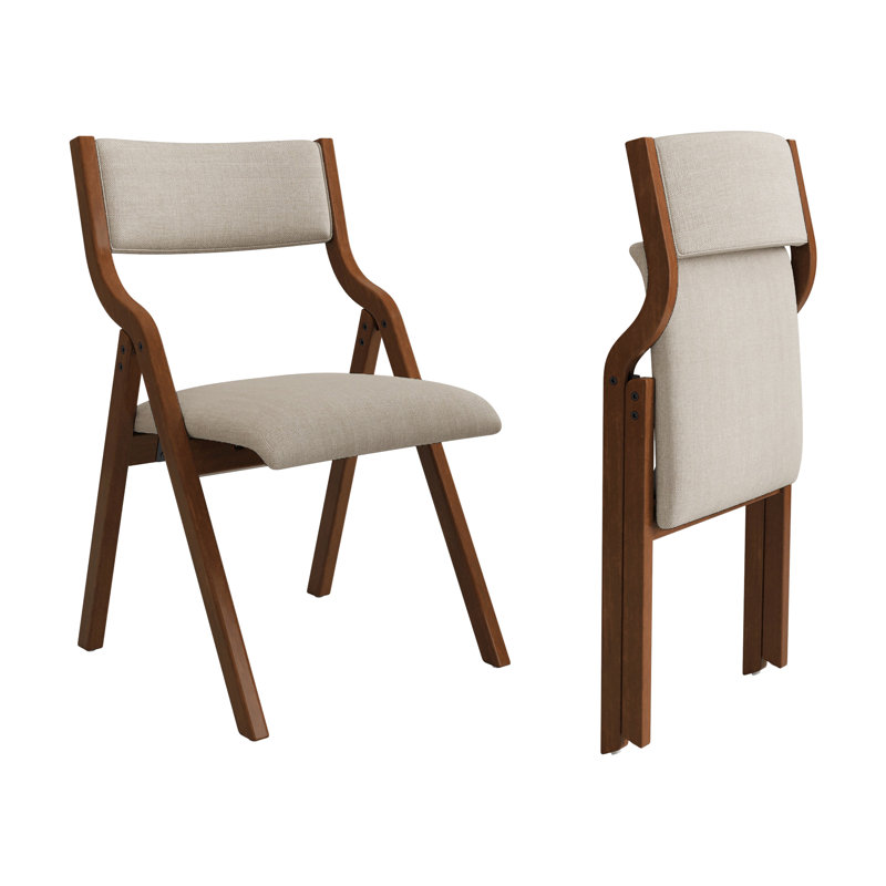 Set Of 2 Upholstered Folding Dining Chairs In Cream Taupe And Walnut, Space-saving, Easy To Carry, No Assembly Required