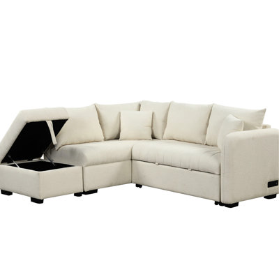 82.6" L-shaped Bed Sleeper, Movable , & Power, Beige Grace Sectional With Sockets, Foam Cushion