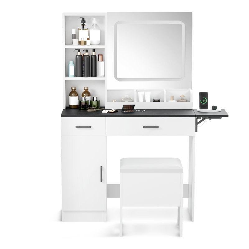 Meuble-lavabo Leayla avec lumières DEL réglables, station de charge, tabouret et miroir haute définition