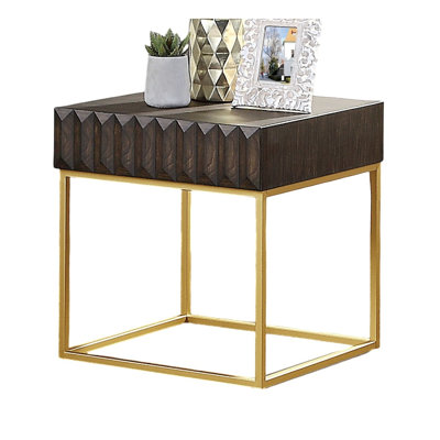 Contemporary End Table with Concealed Drawer, Walnut Wood Veneer and Gold Metal Legs