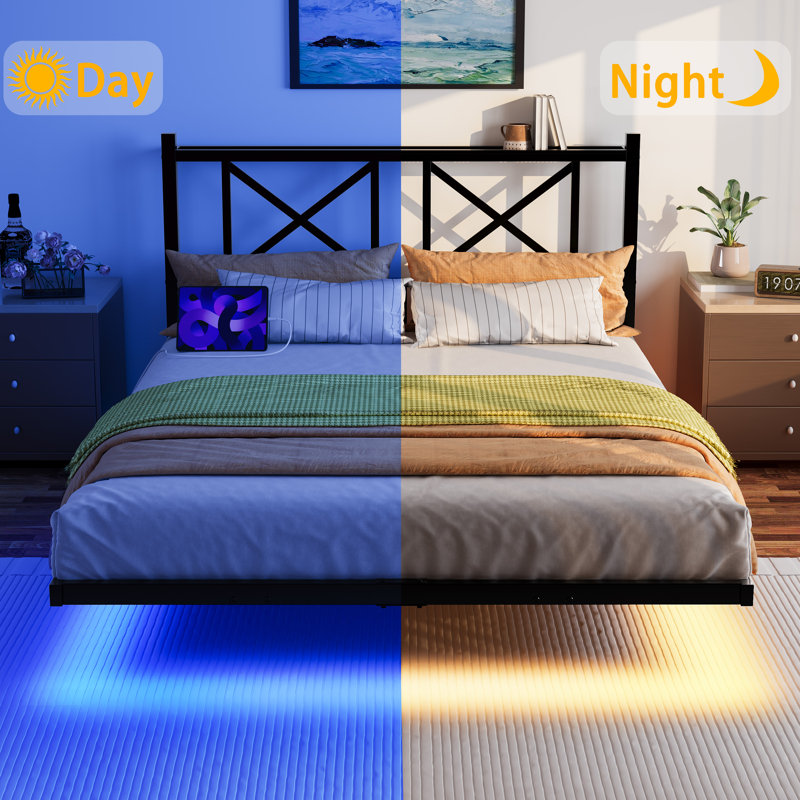 Cadre de lit flottant grand lit avec tête de lit et rangement, cadre de lit plateforme double avec station de charge USB et lumières DEL, lattes en acier robustes, assemblage facile, noir