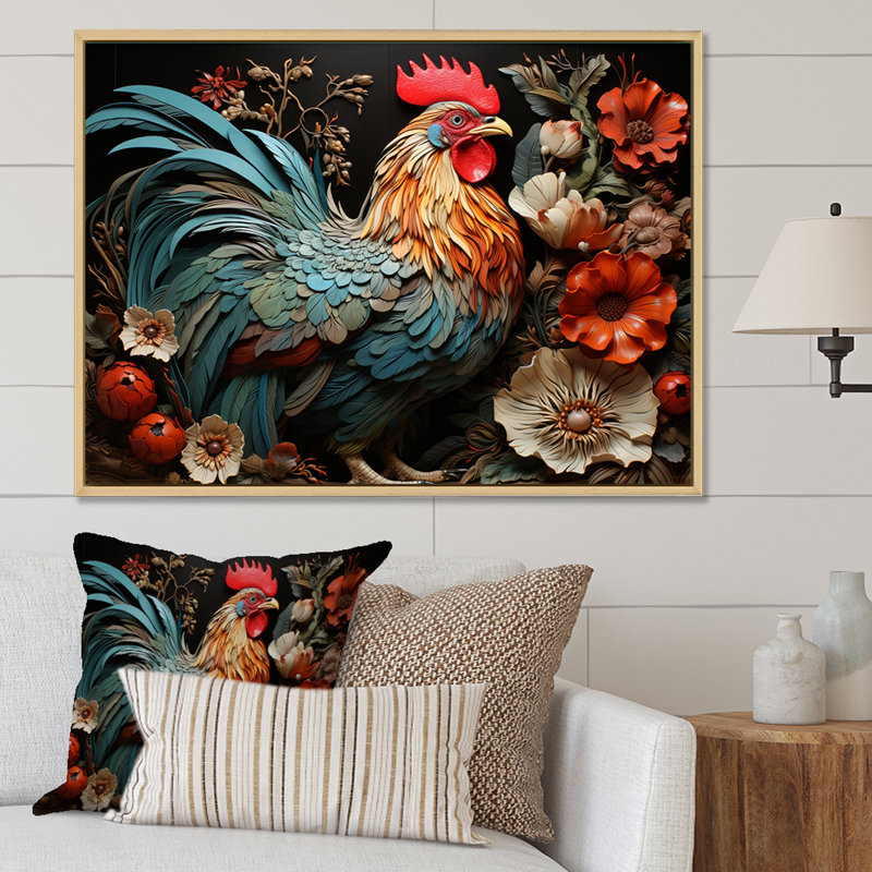 Art mural coq moderne avec coq moderne, H 24 po x l 32 po x P 1 po, Cadre flottant noir