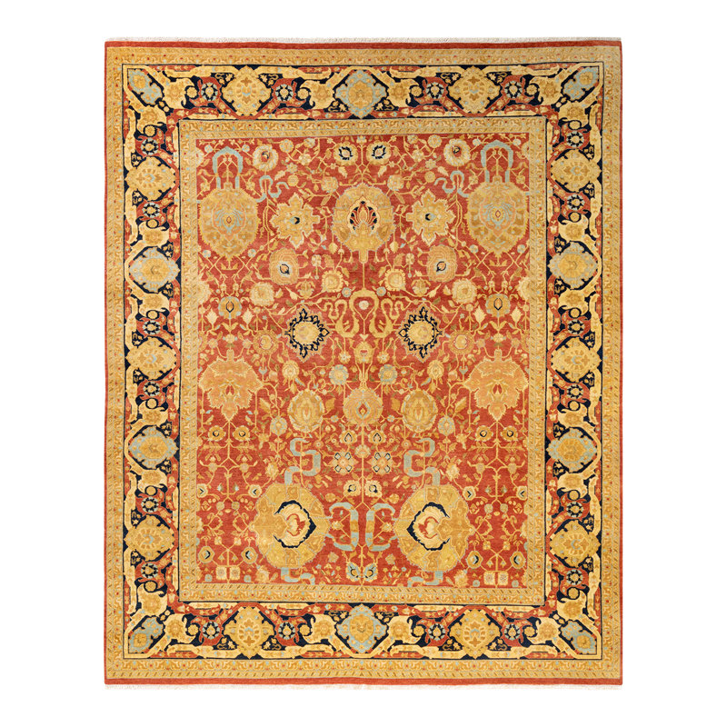 Tapis unique noué à la main orange / beige / bleu marine 7 pi 10 po x 9 pi 8 po Keller