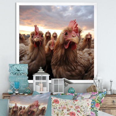 «Red Chicken Family at Sunset», art mural animal de poule