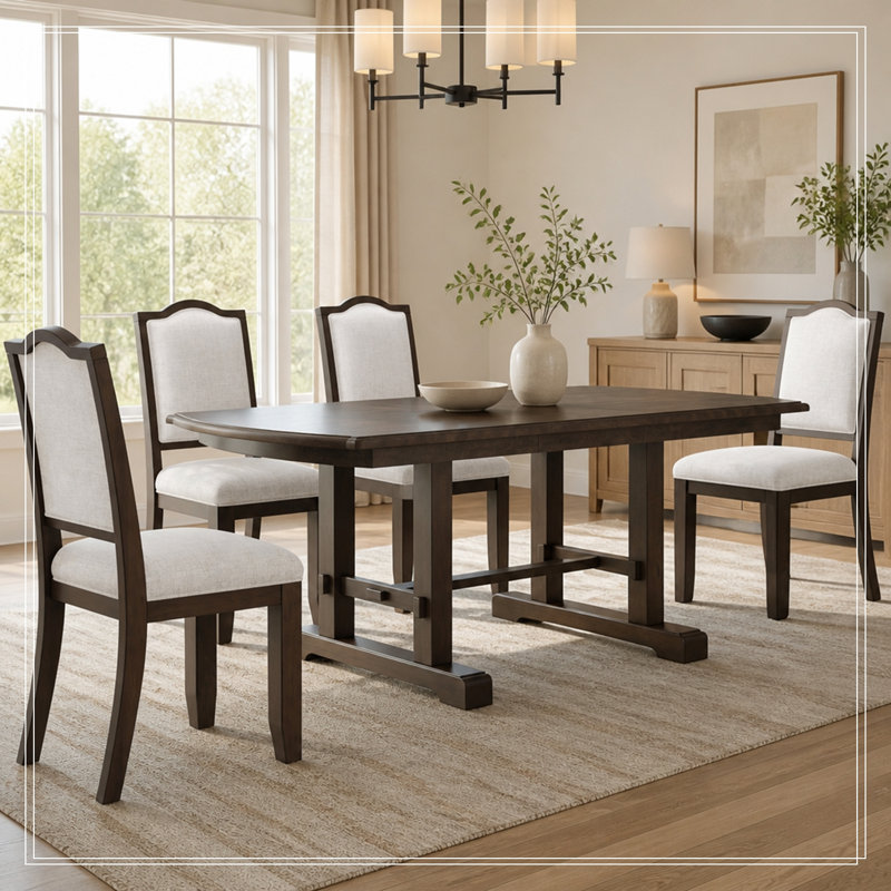 5 pièces en bois extensible avec rallonge amovible et 4 chaises rembourrées, Brun