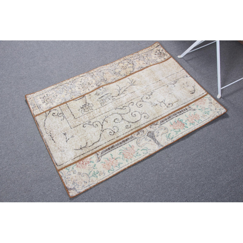 Vintage Turkish Patchwork Wool Rug in Beige and Rustic Oushak Design for Indoor Use