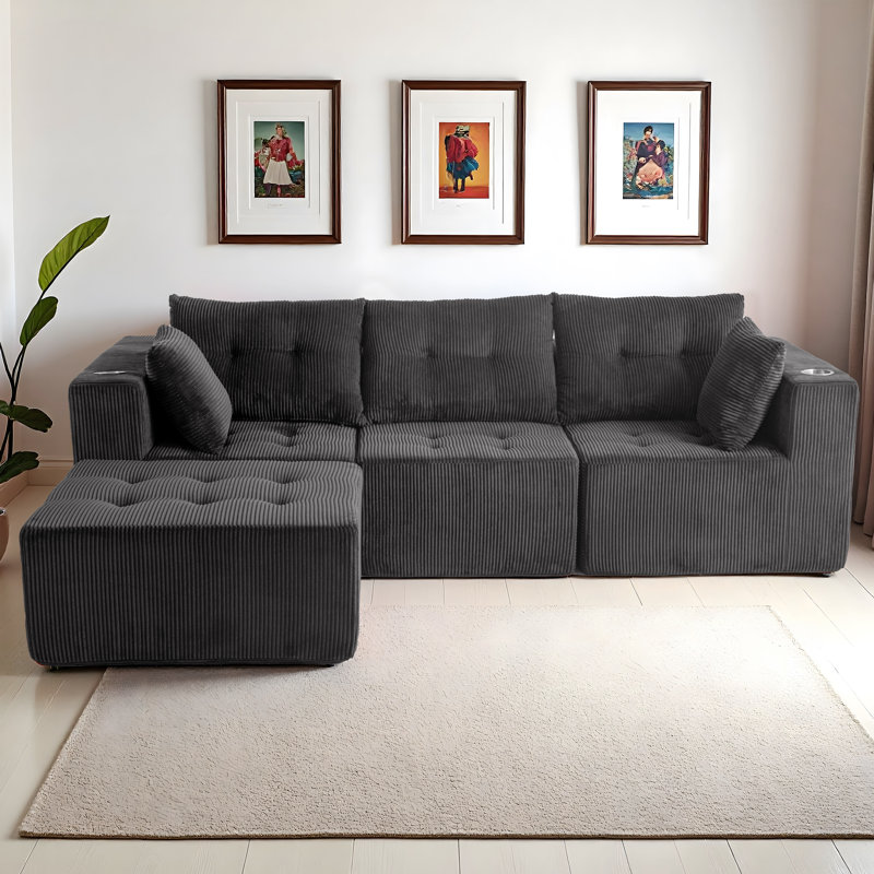 Boneless 101" Corduroy Bean Bag Sofa Boneless Cloud Sofa Modular L Sectional Sofa, Gray