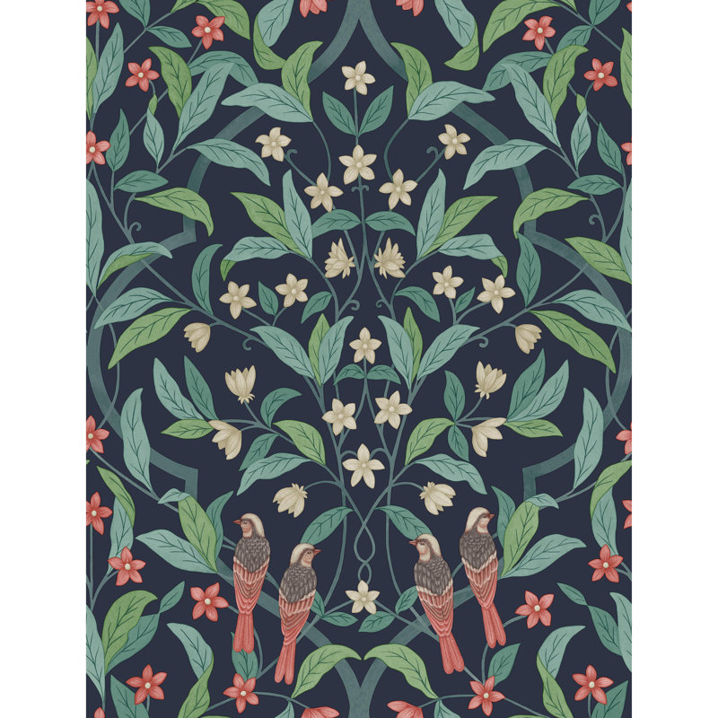 Floral Wallpaper Roll, Coral/Petrol/Ink