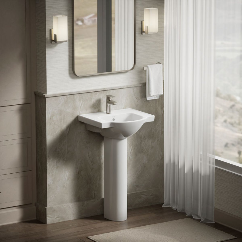 Veer Ceramic Pedestal Bathroom Sink with Overflow, White, Single, 7.99" H x 24" L x 18.25" W