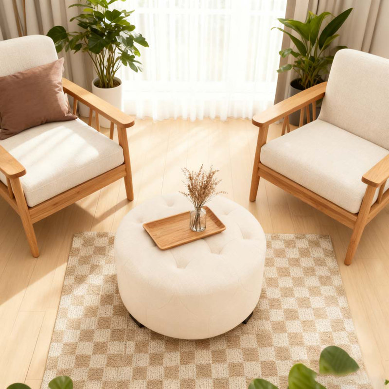Upholstered Button Tufted Round Ottoman