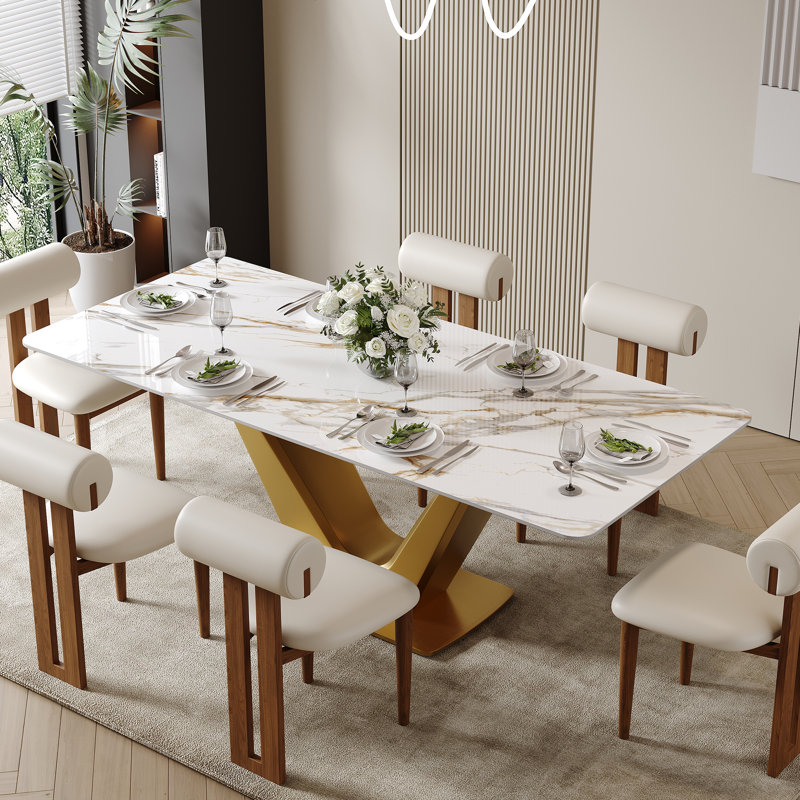 Modern 71" Dining Table Set With Sintered Stone Top And 6 Fully Assembled Chairs