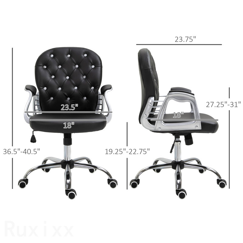 Fauteuil de bureau en cuir noir Pu, chaise de bureau capitonnée à boutons, avec accoudoirs rembourrés, hauteur réglable et roulettes pivotantes
