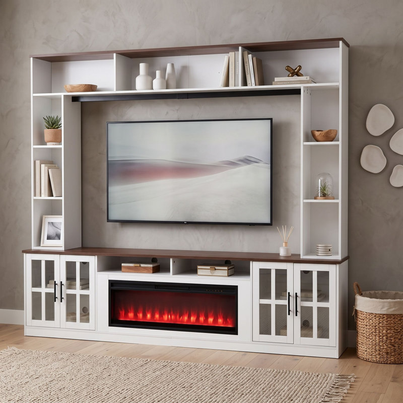 Meuble audio-vidéo moderne avec foyer électrique, tablettes, armoires à portes vitrées et rangement réglable, White Walnut