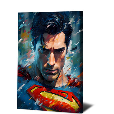 1 affiche encadrée, impression sur toile d'art abstrait Superman, décoration murale moderne inspirée de la culture pop, design vibrant à effet éclaboussures de peinture, superhéros DC Comics, décoration pour salon, chambre ou bureau, œuvre d'art contemporaine