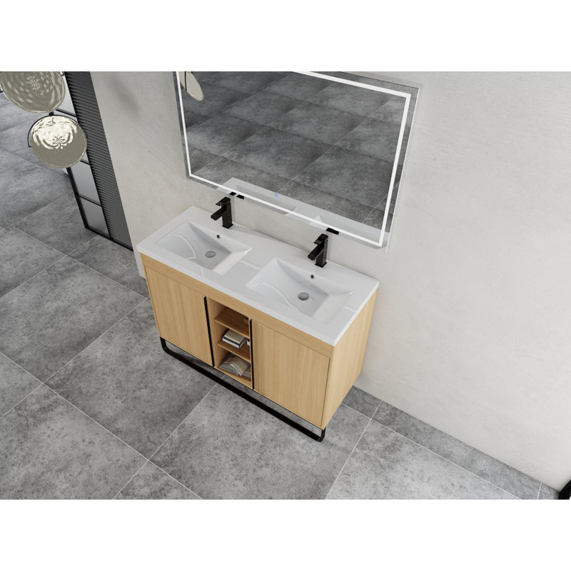 Ensemble de meuble-lavabo autoportant 48 po avec double lavabo en résine, porte à fermeture en douceur 2 et support de rangement à 3 ouvertures, emballage KD, contreplaqué