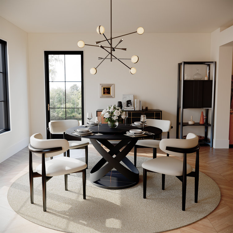 Suzzie Modern Round Dining Table, Sintered Stone Tabletop with Lazy Susan, Carbon Steel Base Pre-Assembly