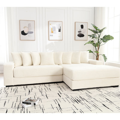 Canapé modulaire en L en velours côtelé beige avec méridienne droite, 8 coussins, facile à installer, salon somptueux en velours côtelé moderne, huit pièces,
